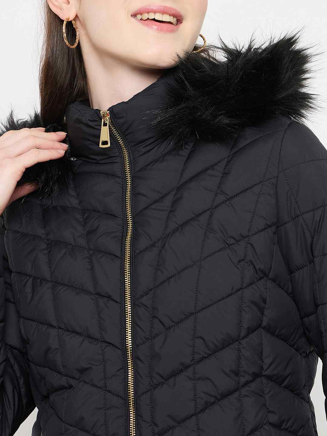 Madame Black Quilted Fur Hood Jacket - Image 7