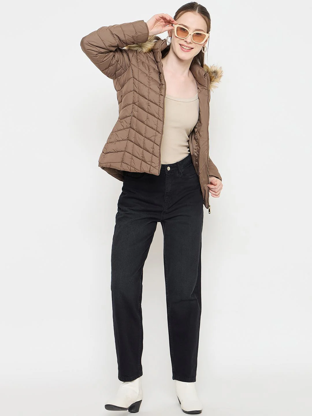Madame Brown Colour Quilted Fur Hood Jacket - Image 2