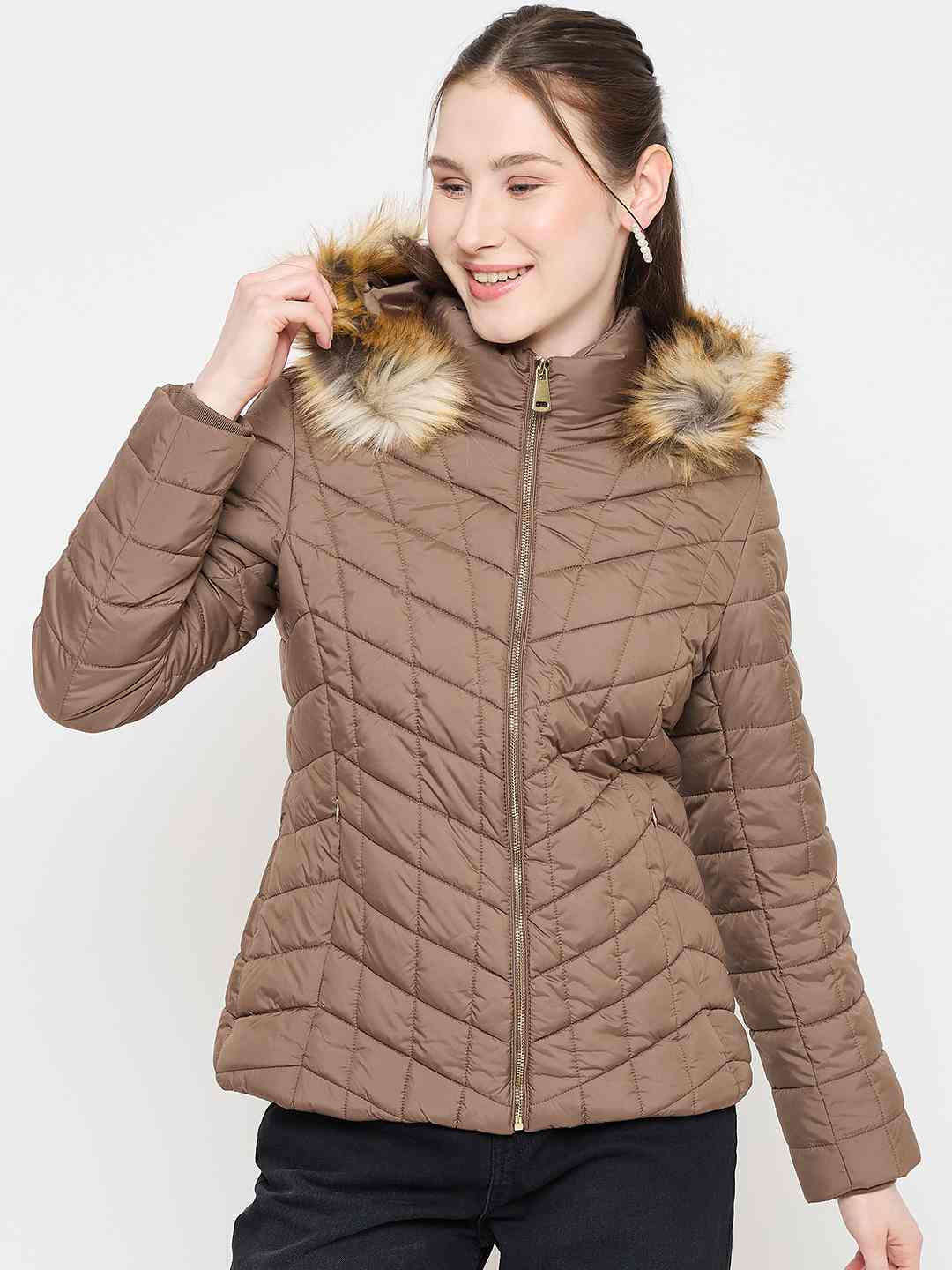 Madame Brown Colour Quilted Fur Hood Jacket - Image 3