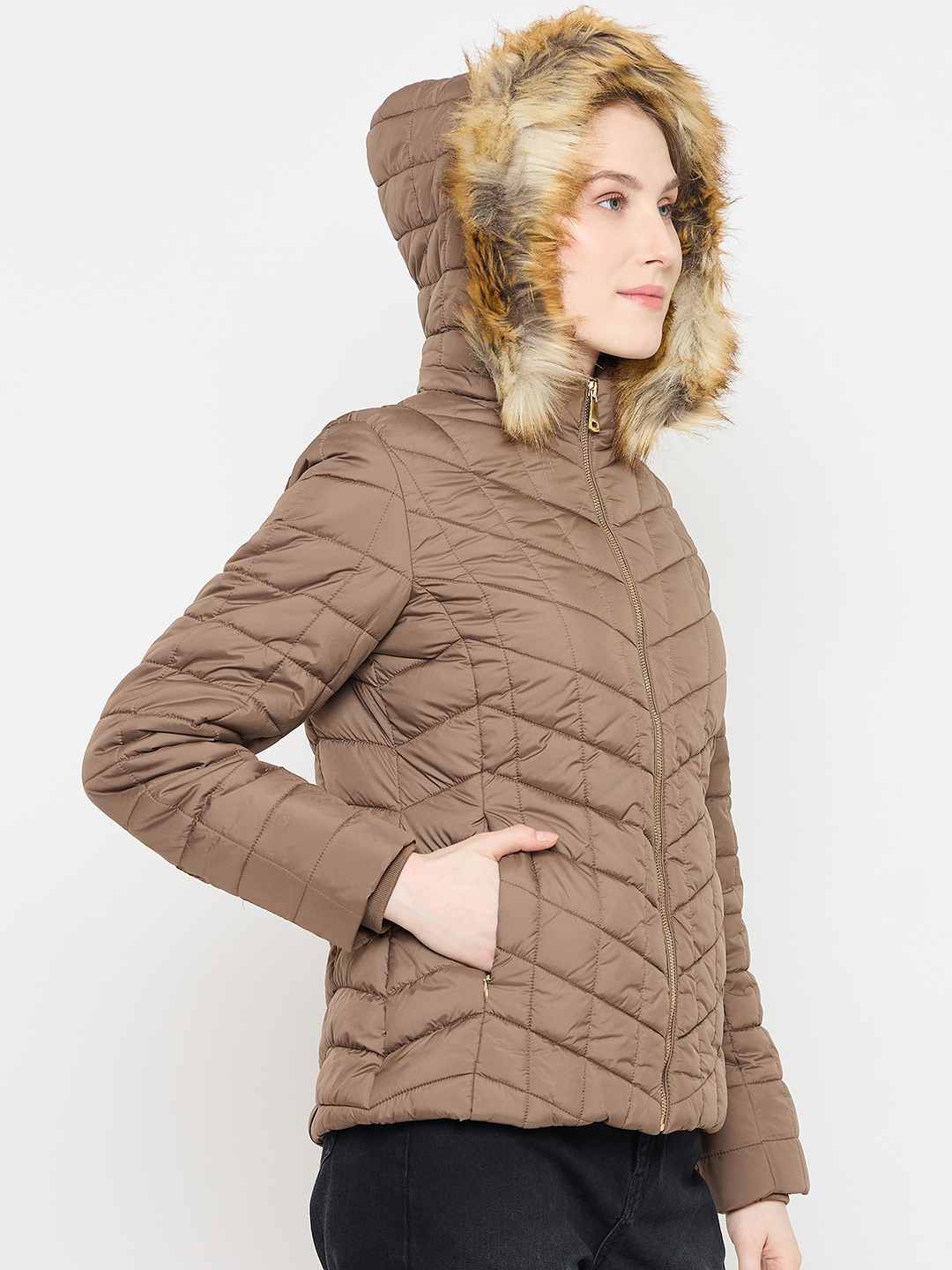 Madame Brown Colour Quilted Fur Hood Jacket - Image 4
