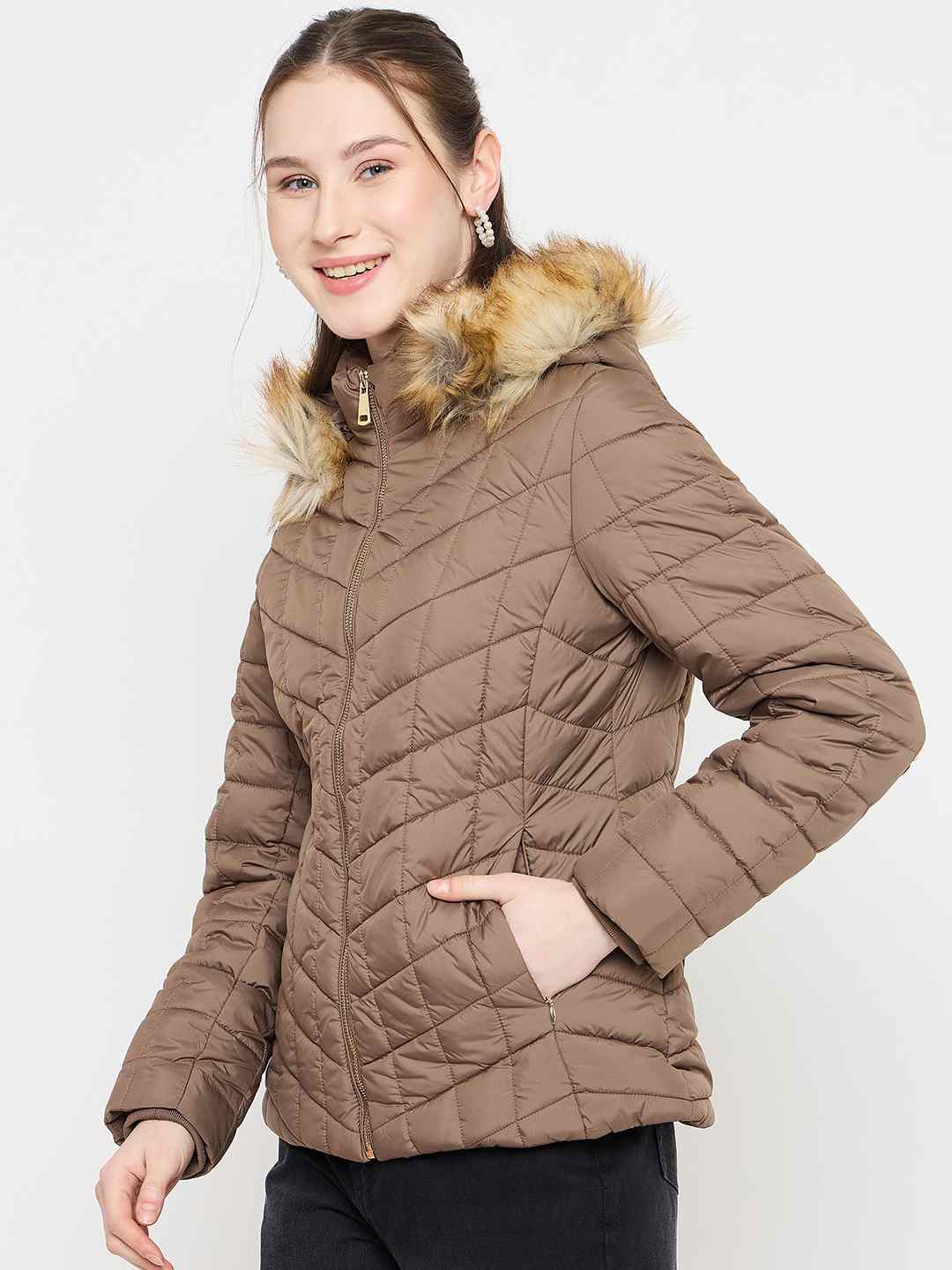 Madame Brown Colour Quilted Fur Hood Jacket - Image 5