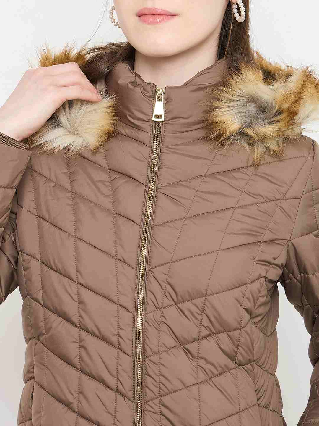 Madame Brown Colour Quilted Fur Hood Jacket - Image 7