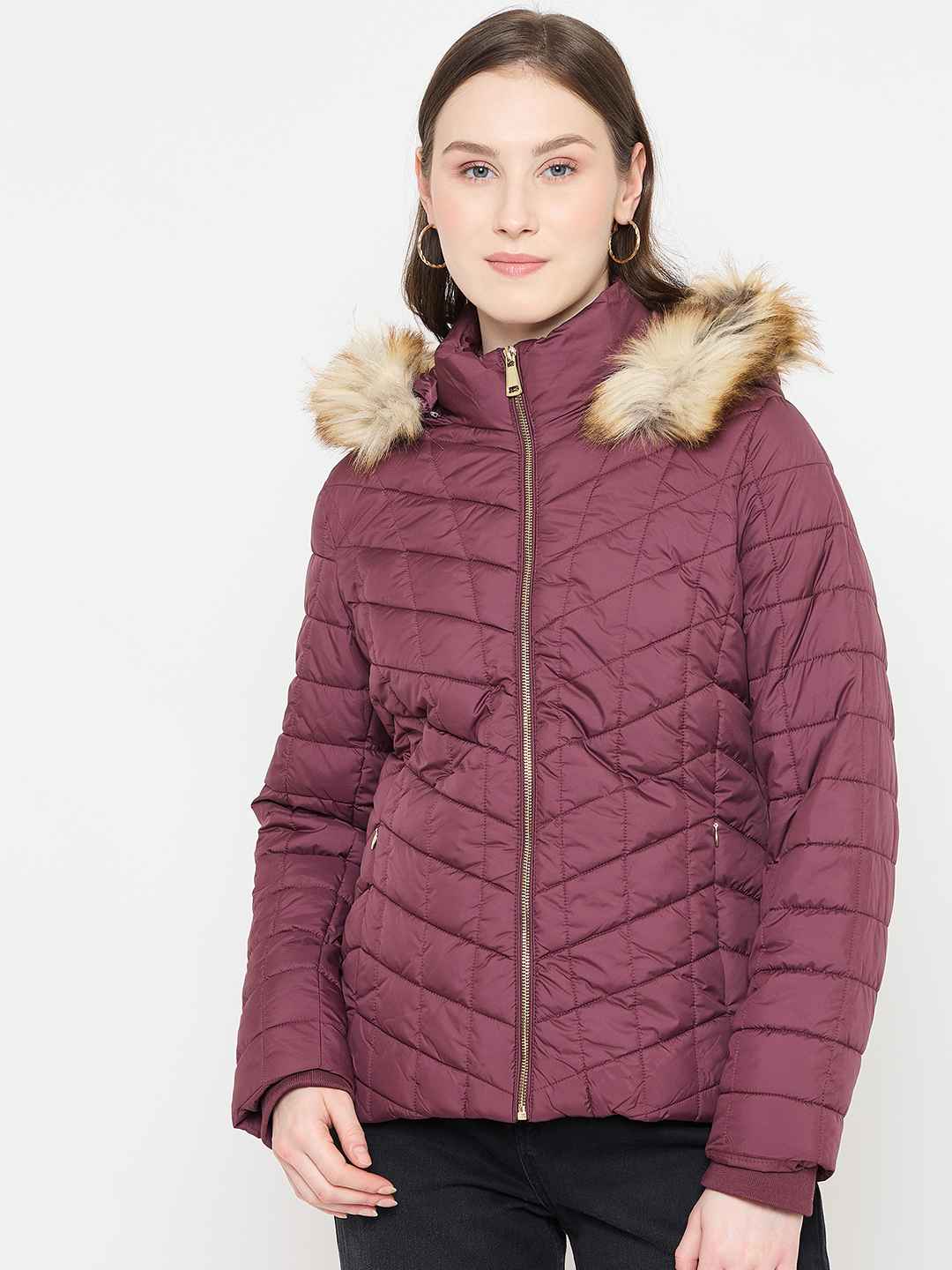 Madame Wine Colour Quilted Jacket with Faux Fur Hood - Image 3
