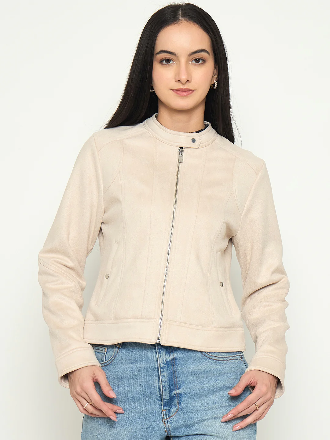 Madame Beige Jacket with Snap Button Collar