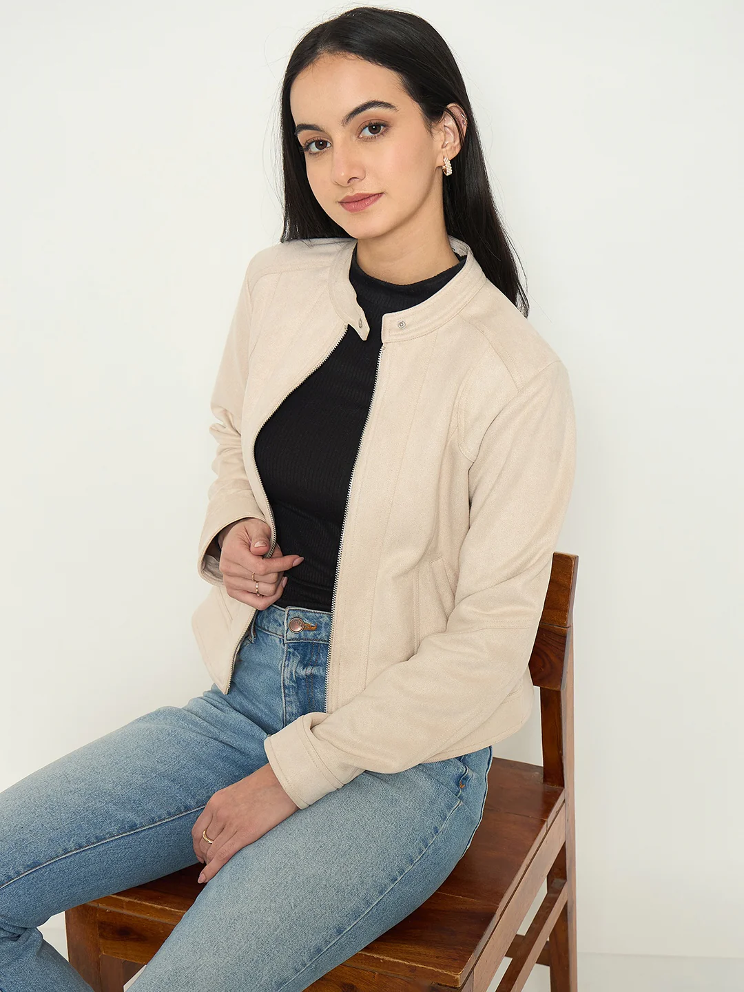 Madame Beige Jacket with Snap Button Collar - Image 2