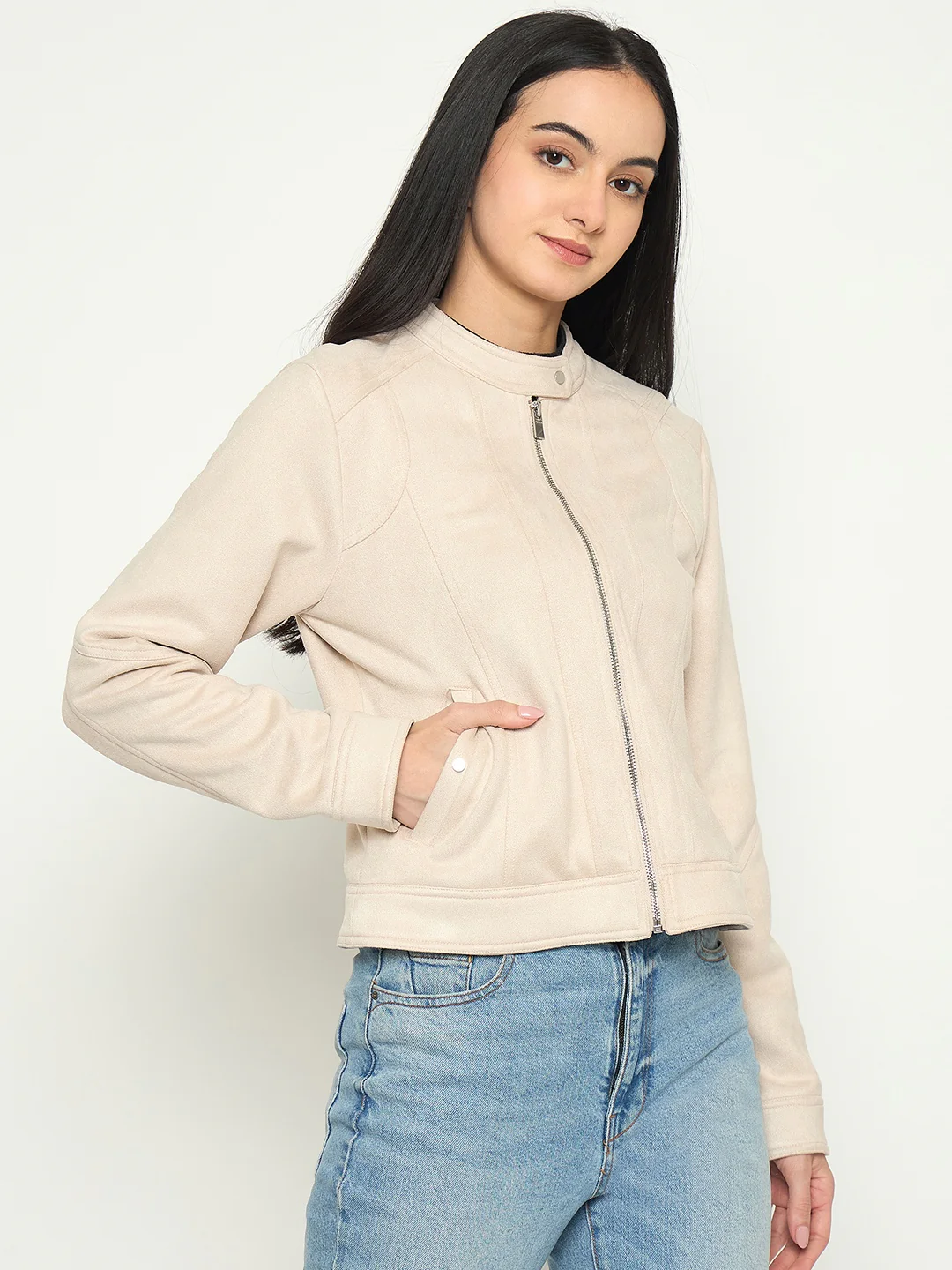 Madame Beige Jacket with Snap Button Collar - Image 4