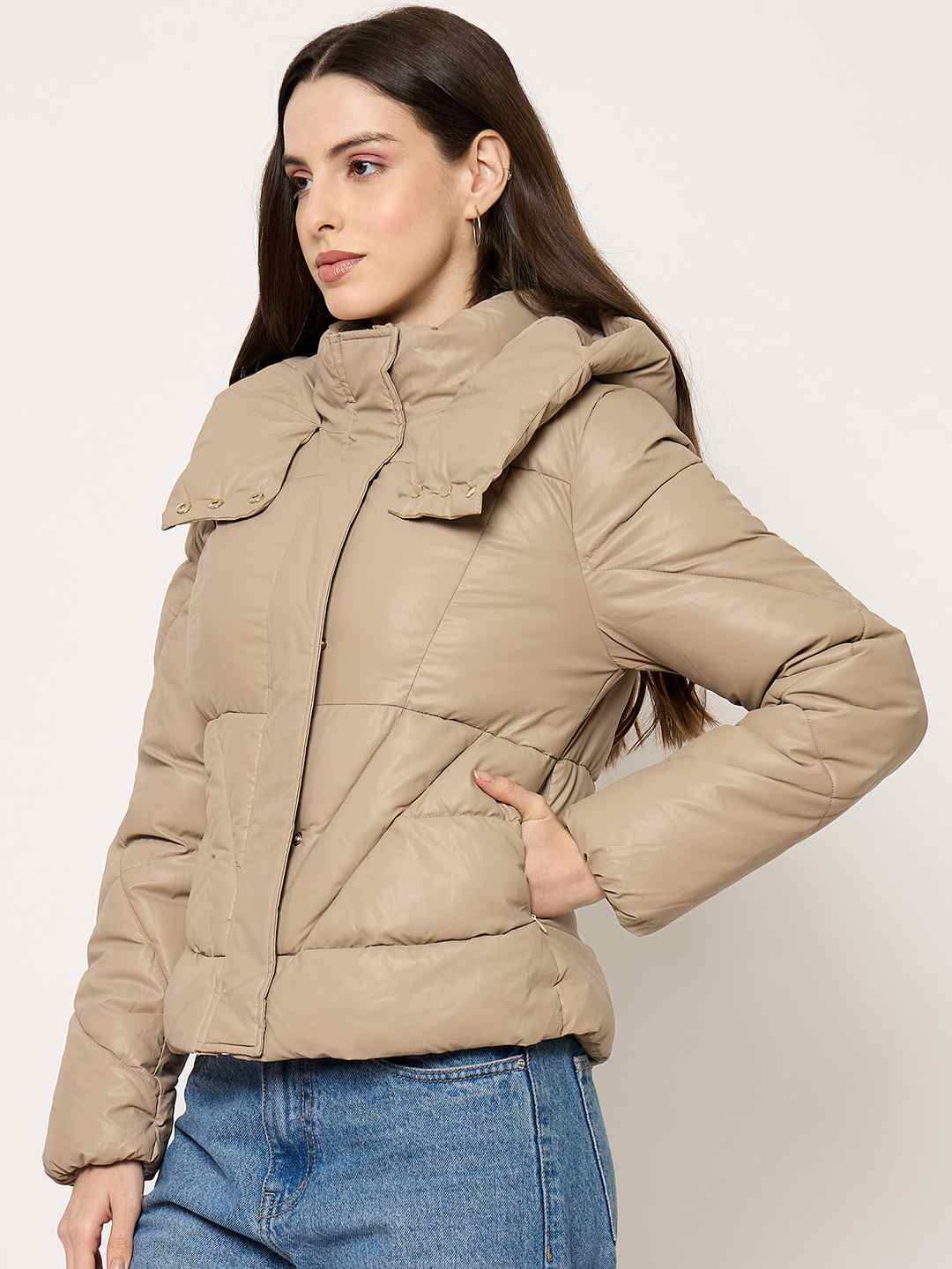Madame Taupe Quilted PU Leather Jacket - Image 5