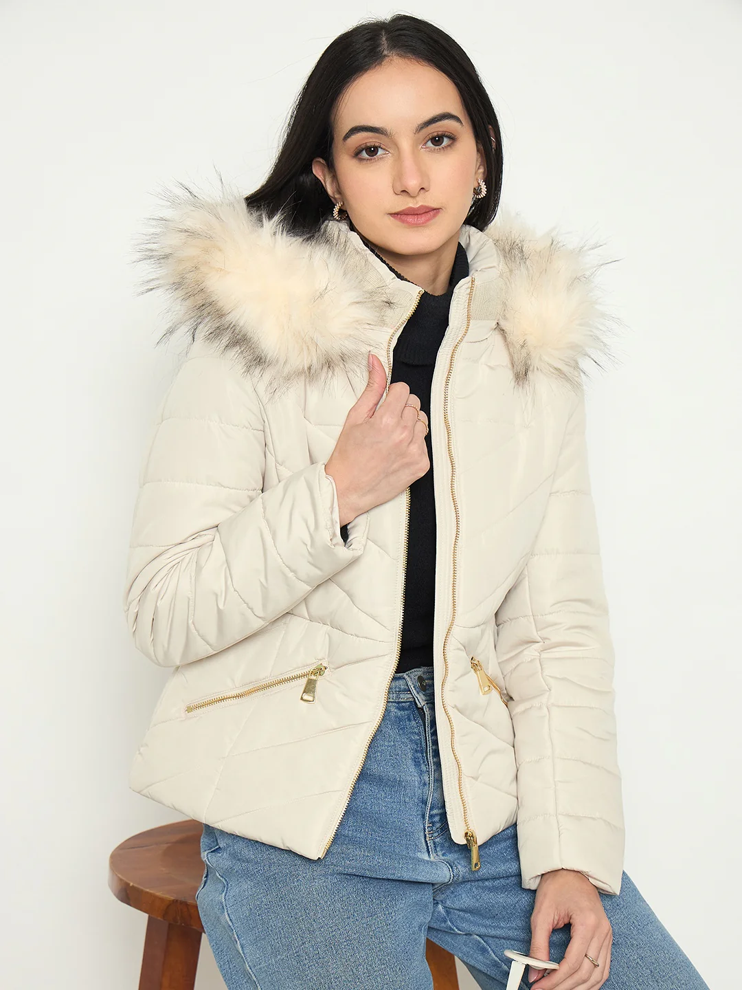 Madame Quilted Brown Jacket with Faux Fur Hood - Image 2