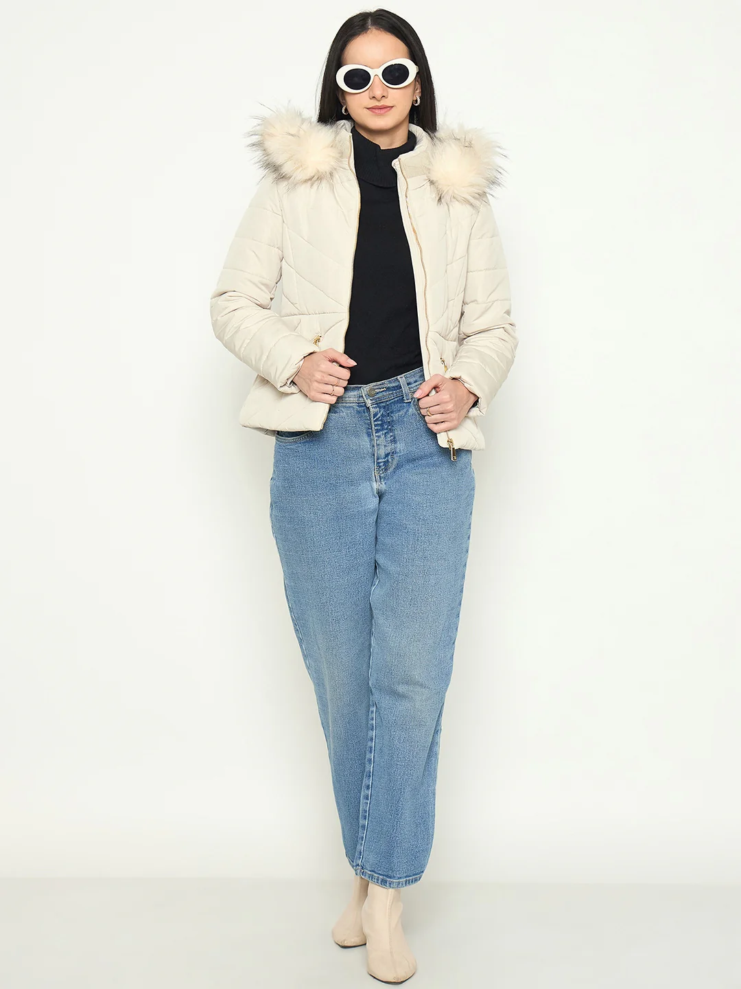 Madame Quilted Brown Jacket with Faux Fur Hood - Image 3