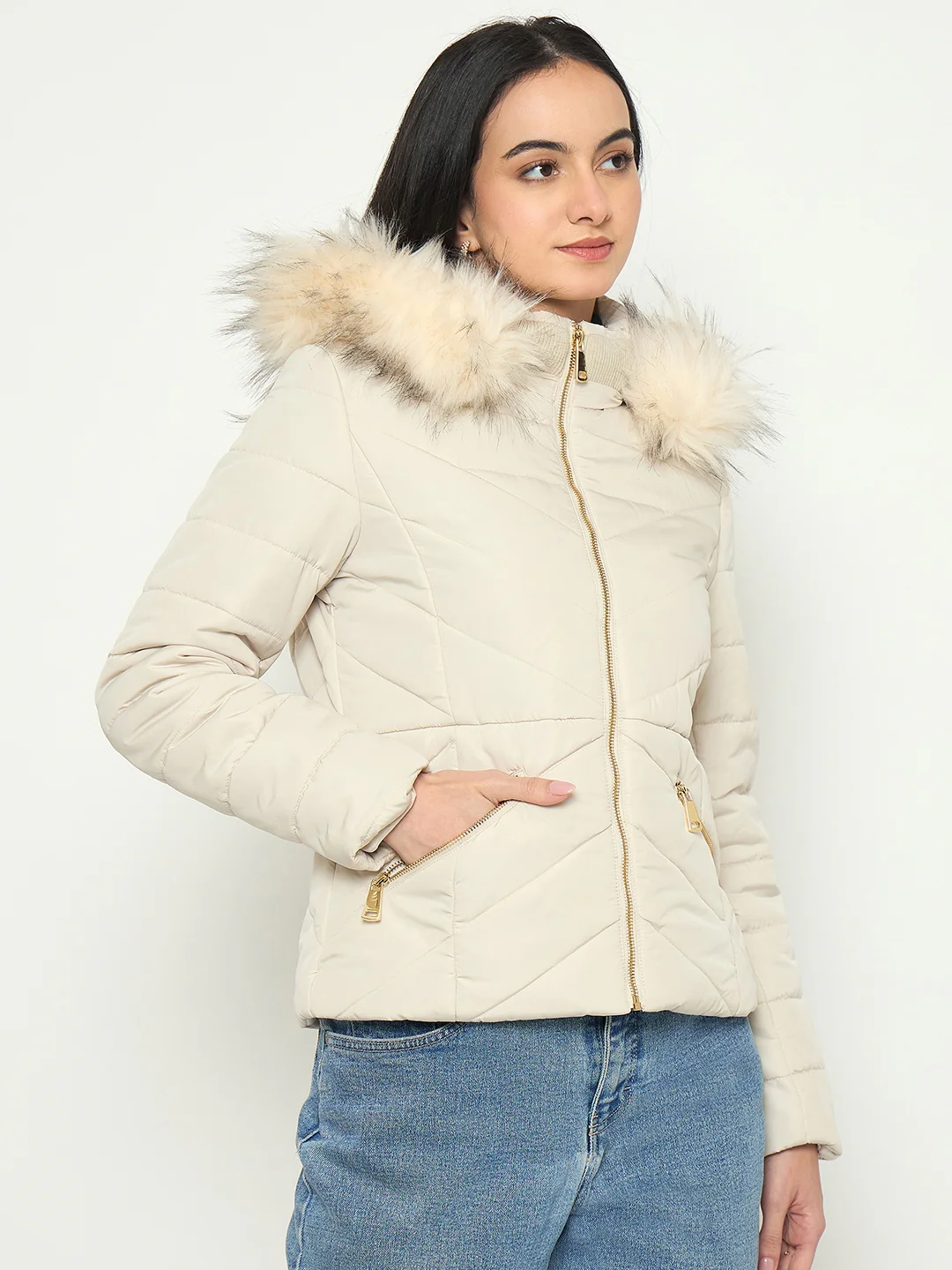 Madame Quilted Brown Jacket with Faux Fur Hood - Image 4