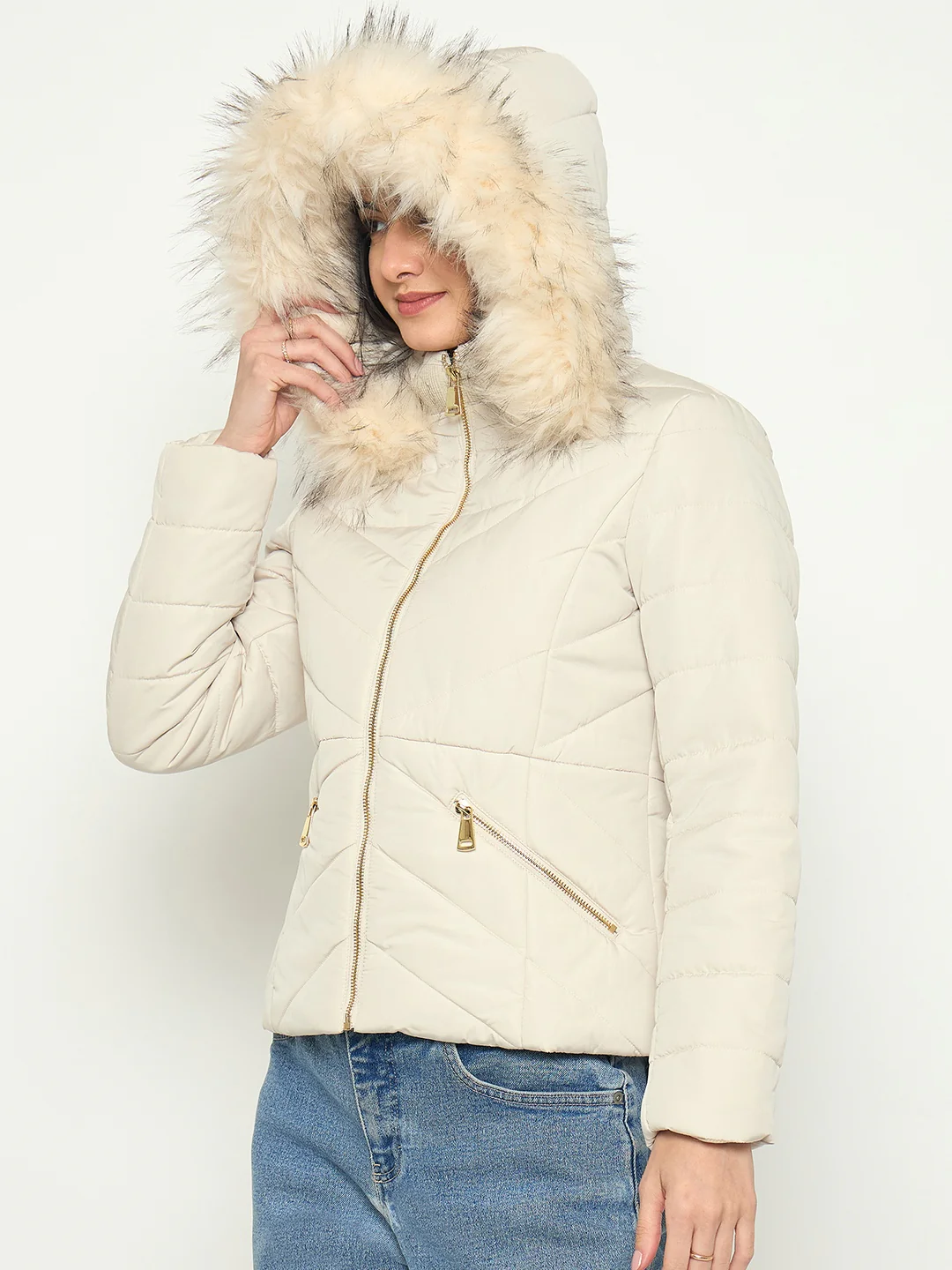 Madame Quilted Brown Jacket with Faux Fur Hood - Image 5