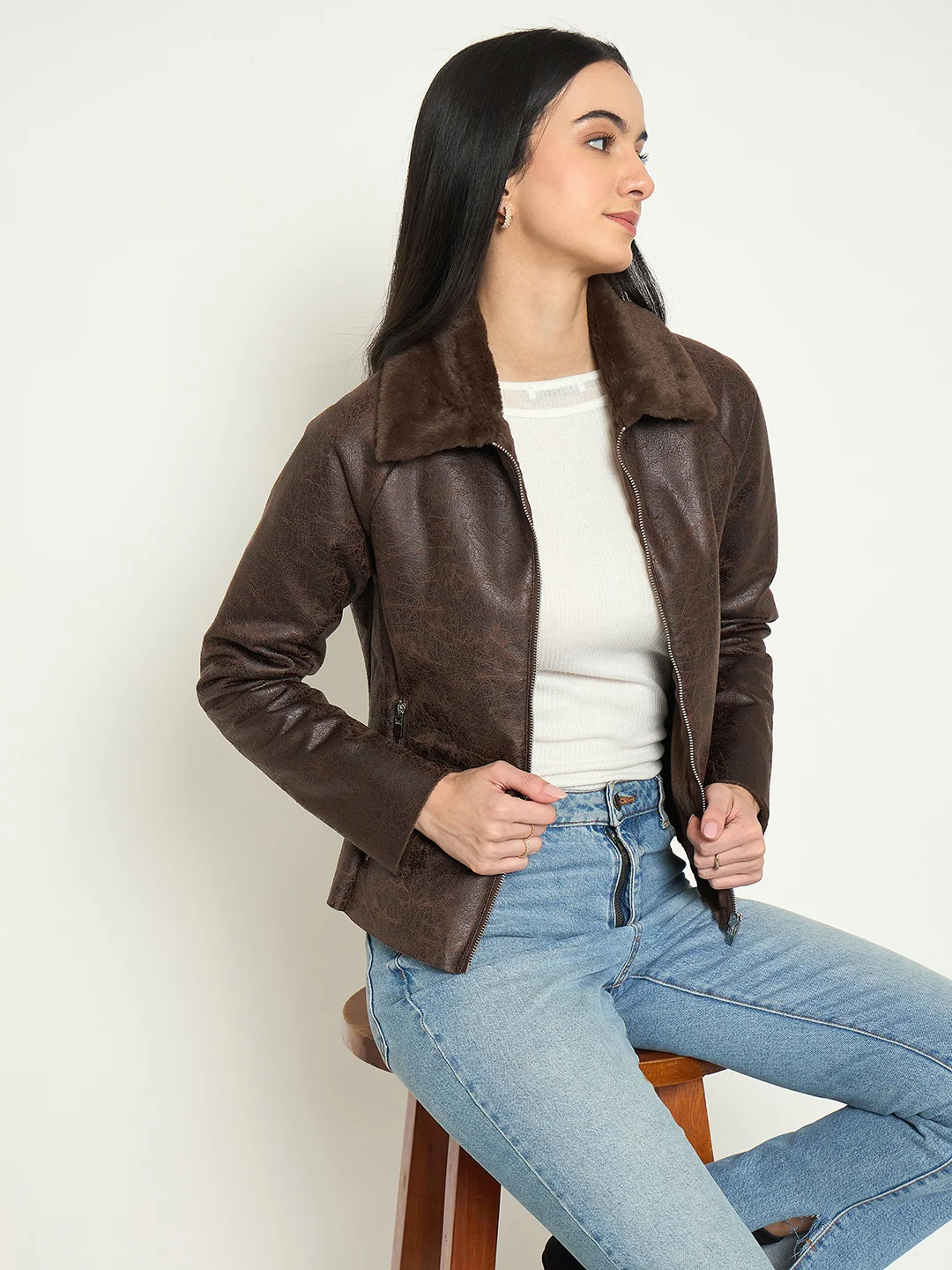 Madame Faux Fur Collar Brown PU Jacket - Image 2