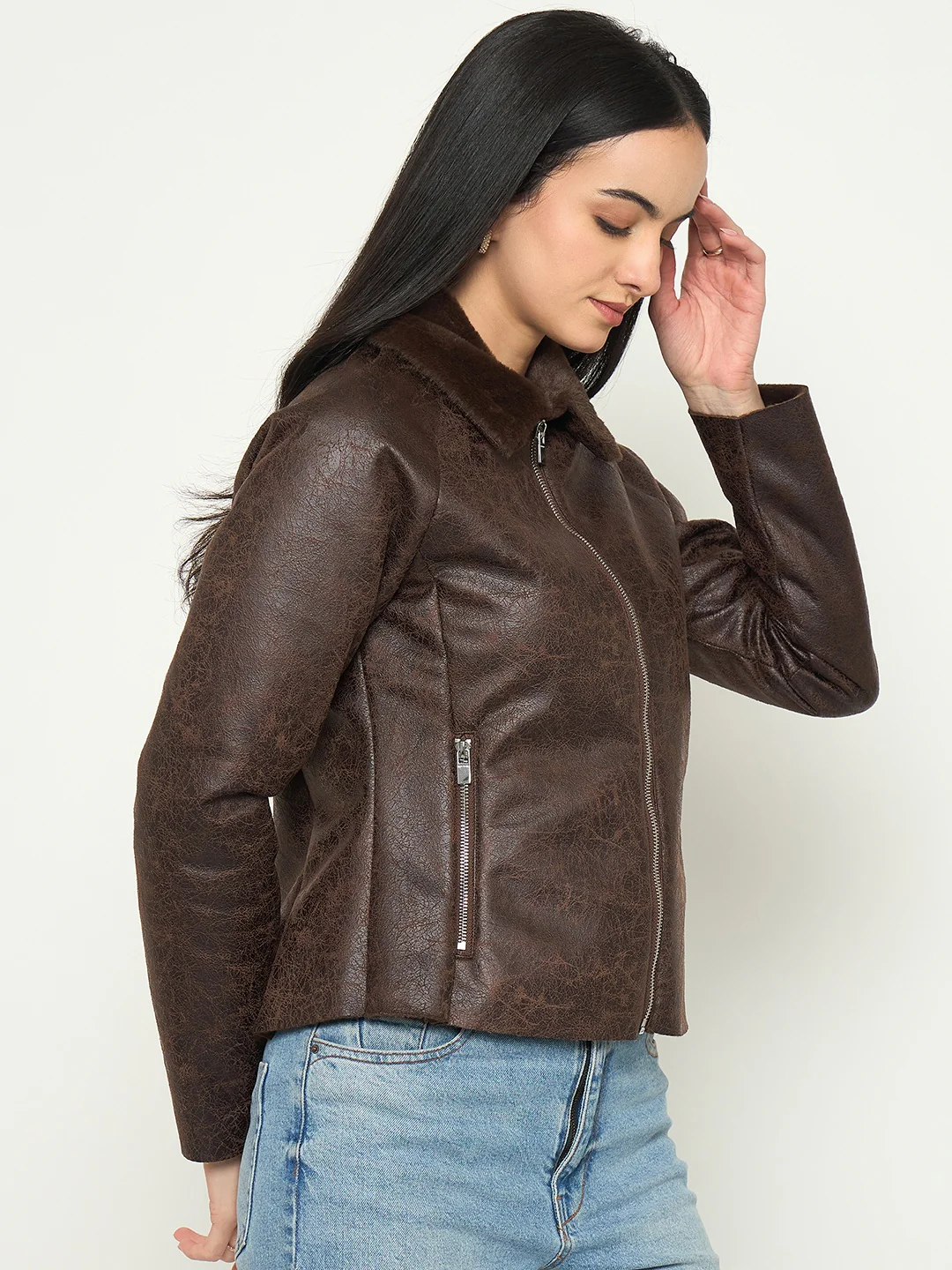 Madame Faux Fur Collar Brown PU Jacket - Image 4