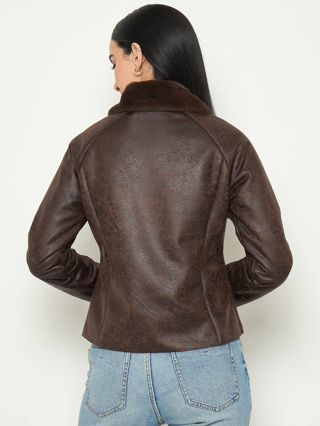 Madame Faux Fur Collar Brown PU Jacket - Image 6