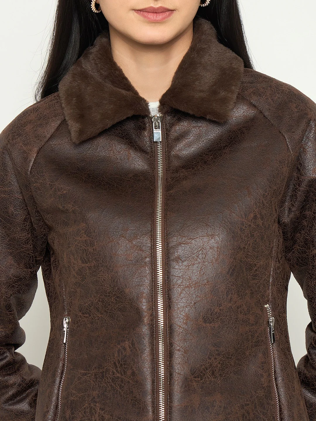 Madame Faux Fur Collar Brown PU Jacket - Image 7