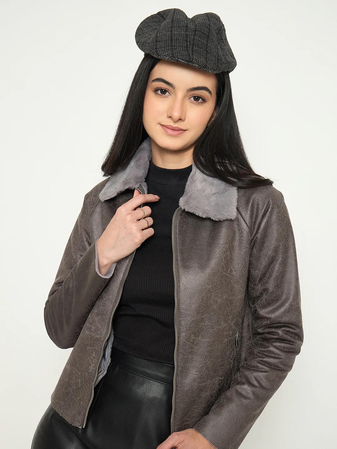 Madame Faux Fur Collar Grey Textured Leather Jacket - Image 2