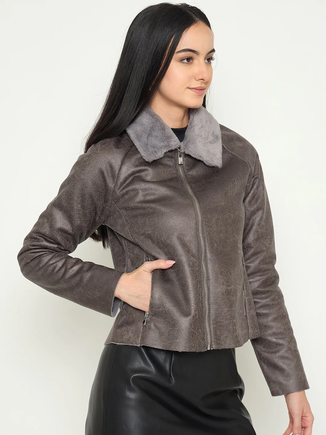 Madame Faux Fur Collar Grey Textured Leather Jacket - Image 4