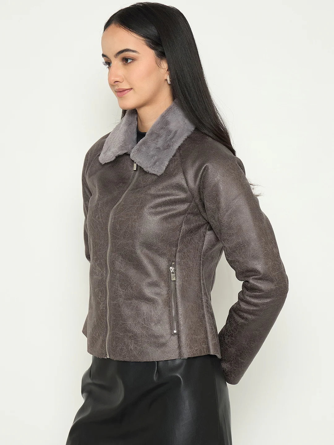 Madame Faux Fur Collar Grey Textured Leather Jacket - Image 5