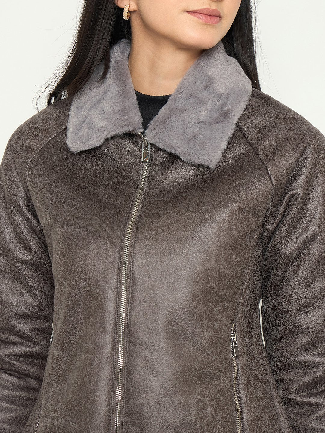 Madame Faux Fur Collar Grey Textured Leather Jacket - Image 7
