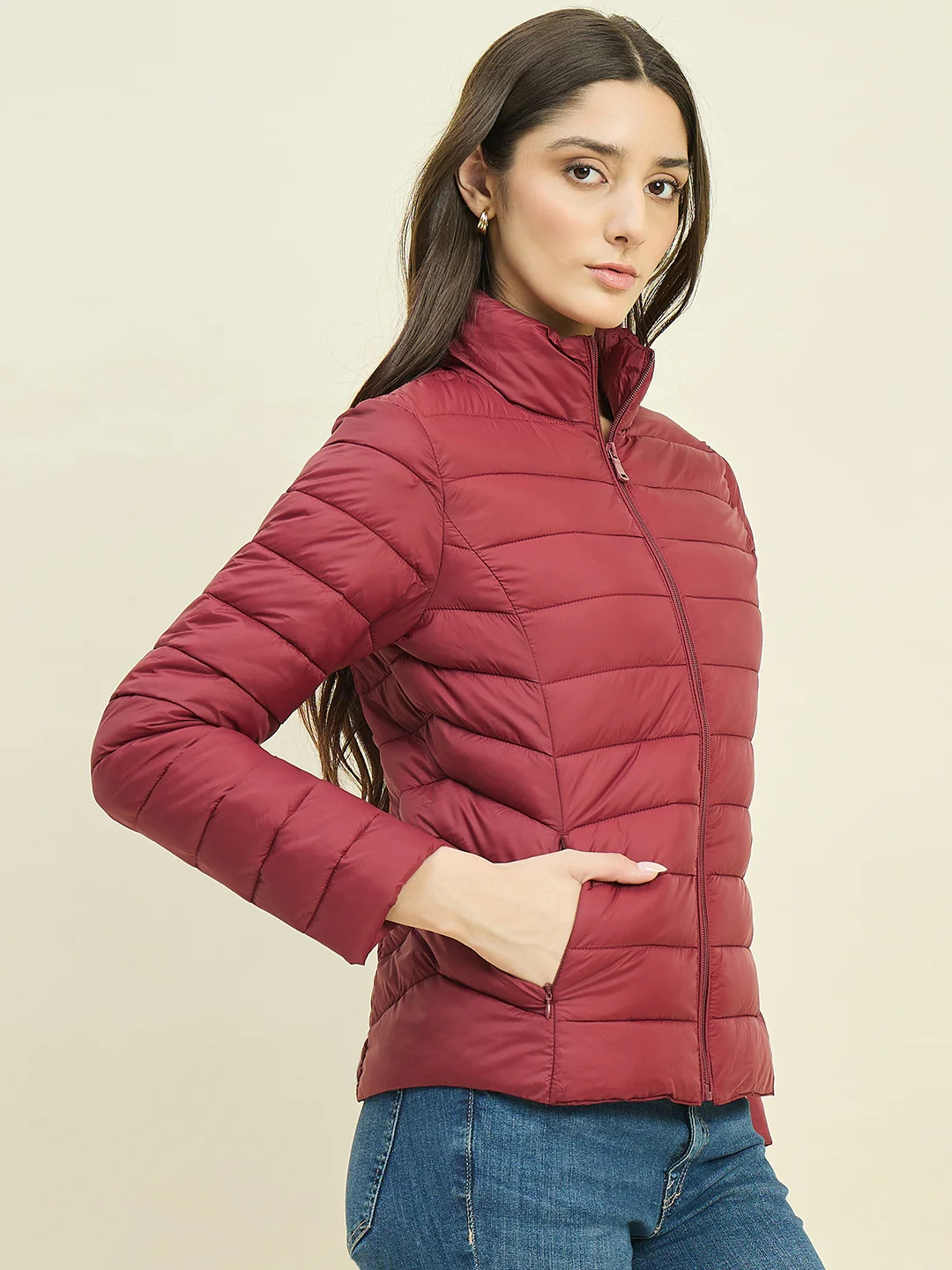 Madame Quilted Wine Red Puffer Jacket - Image 4