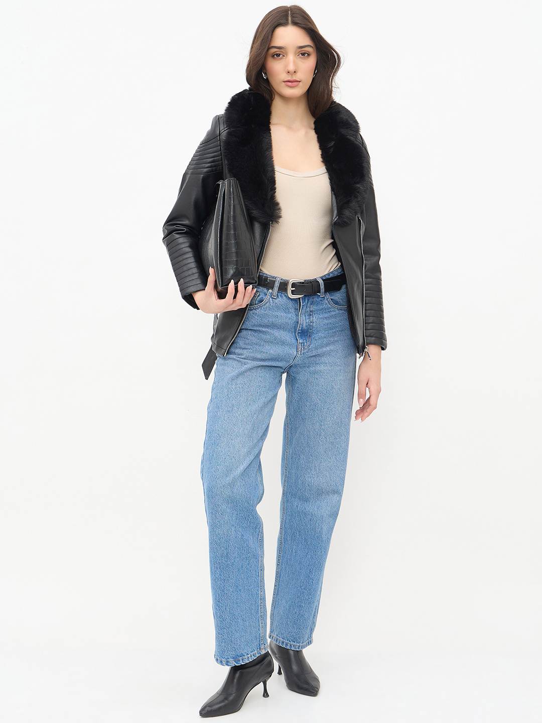 Madame Faux Fur Collar Black PU Leather Jacket - Image 3