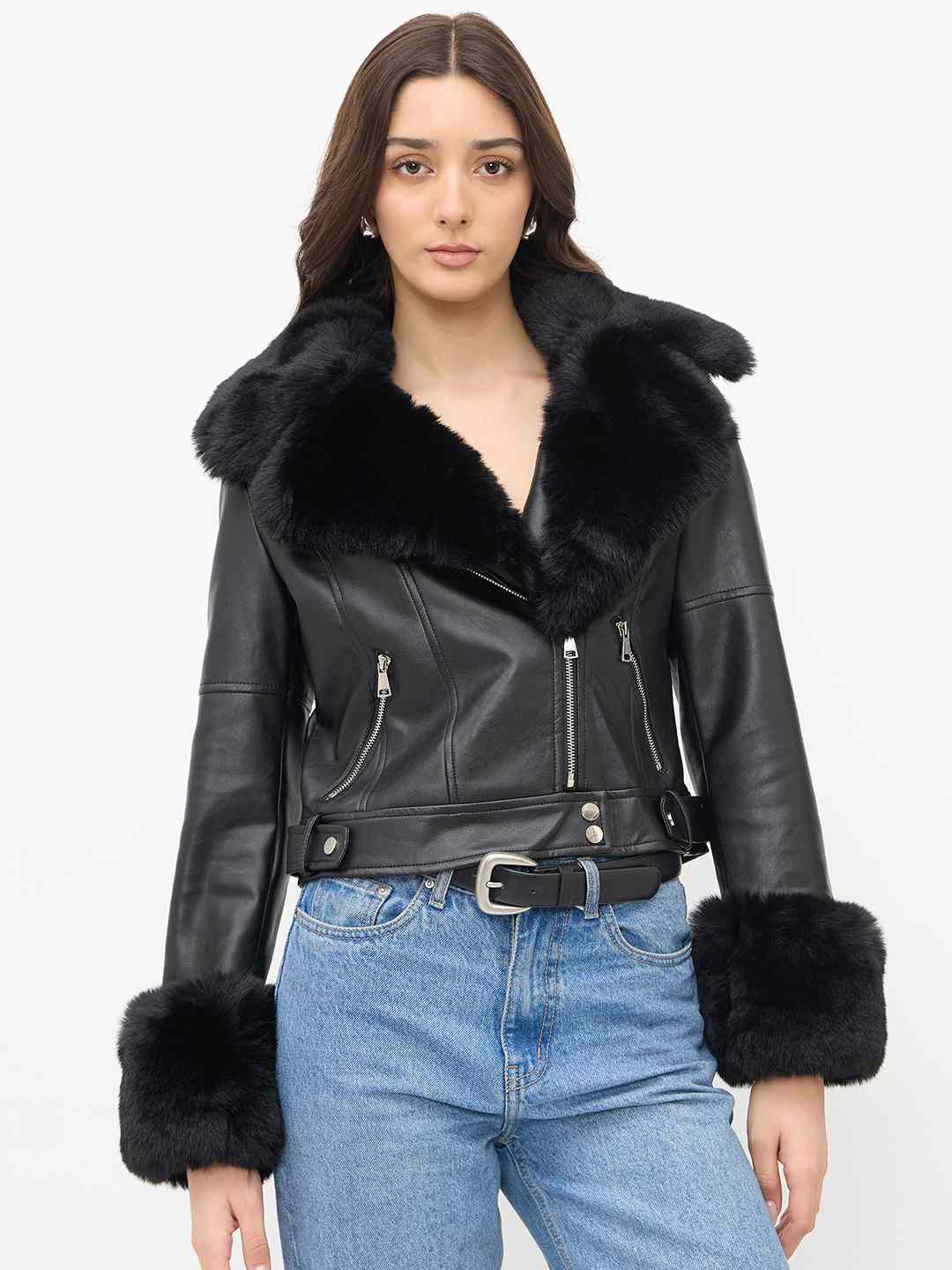Madame Faux Fur Notch Lapel Collar Black PU Leather Jacket - Image 4