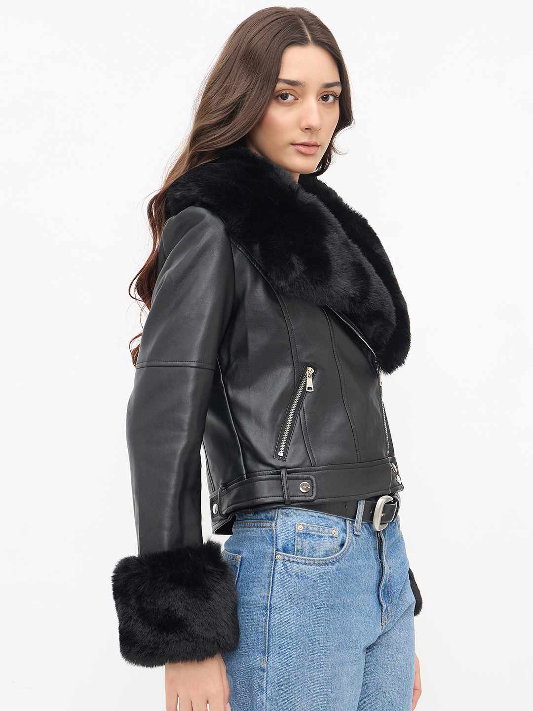 Madame Faux Fur Notch Lapel Collar Black PU Leather Jacket - Image 5