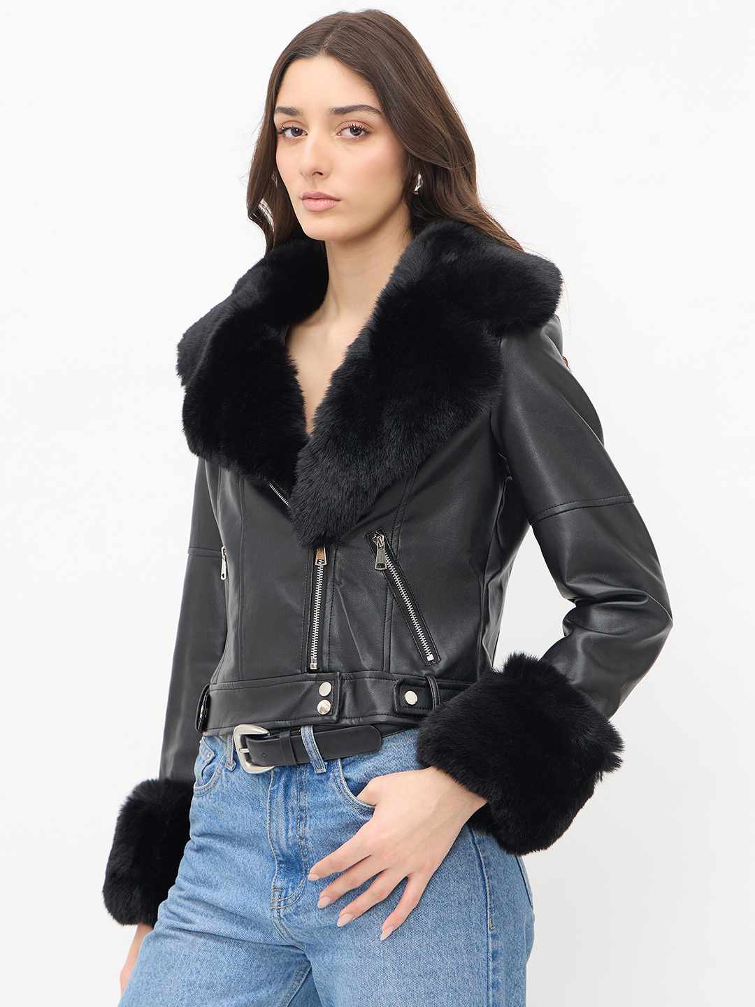 Madame Faux Fur Notch Lapel Collar Black PU Leather Jacket - Image 6