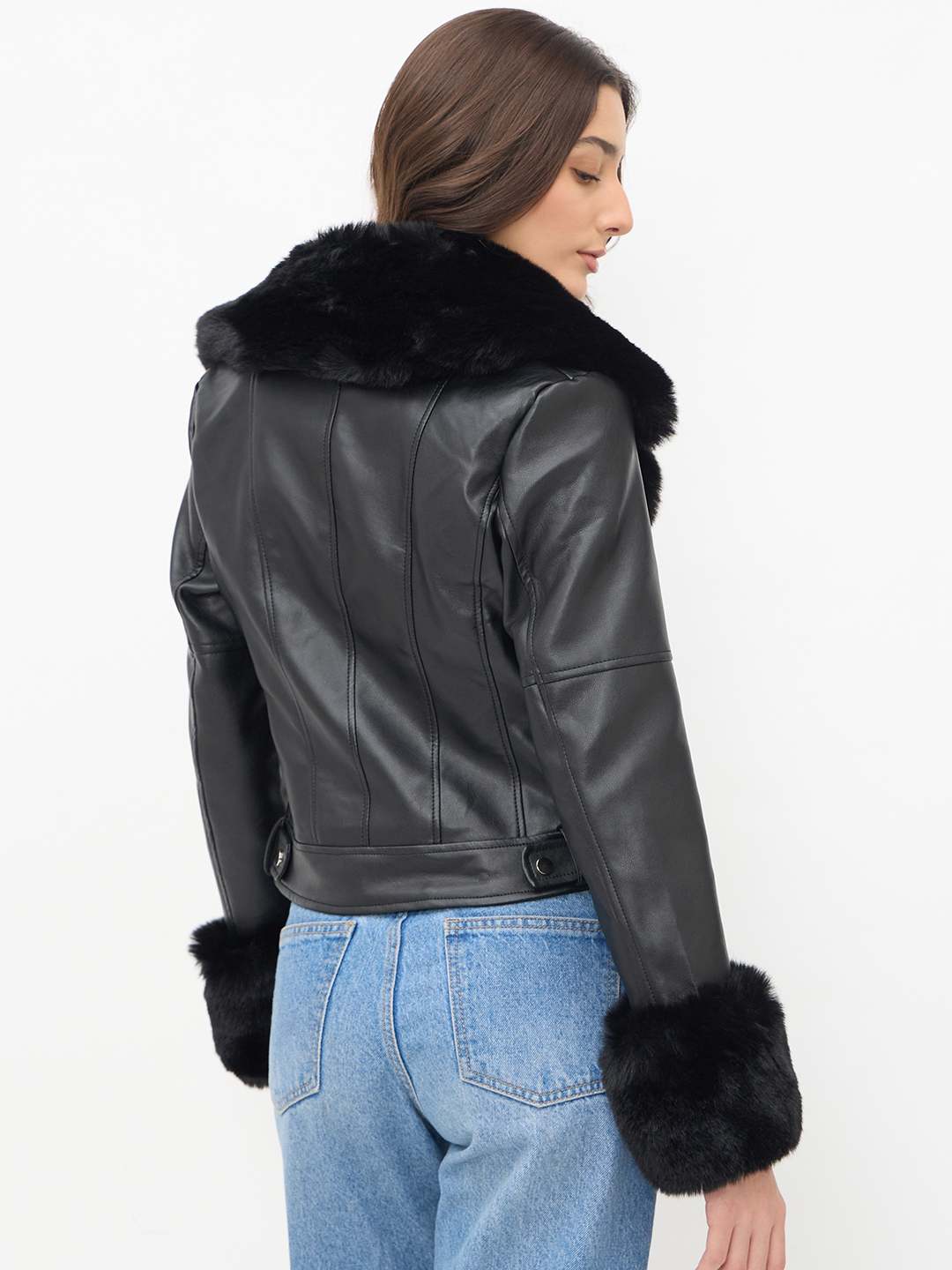 Madame Faux Fur Notch Lapel Collar Black PU Leather Jacket - Image 7