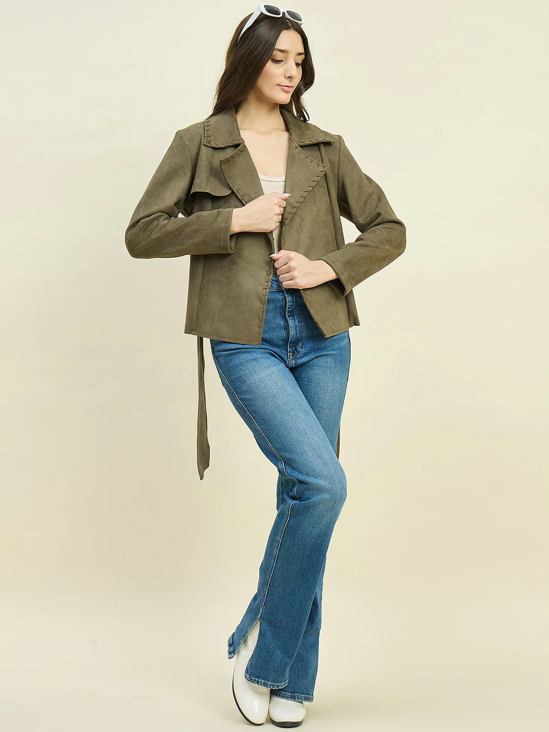 Madame Solid Olive Belted Coat - Image 2