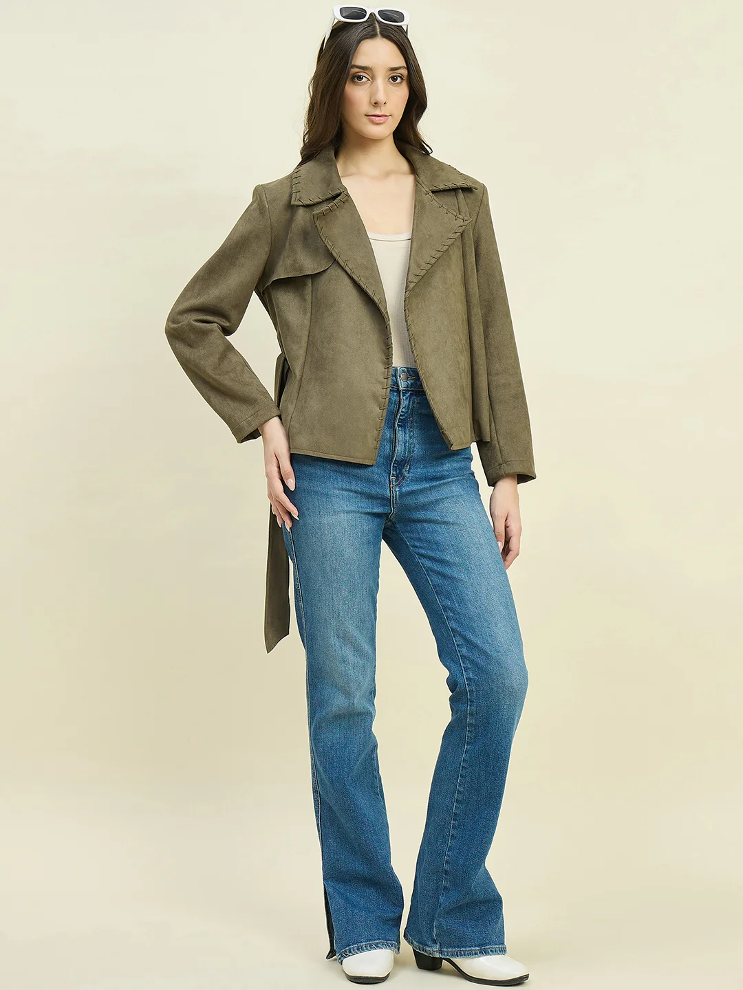 Madame Solid Olive Belted Coat - Image 3