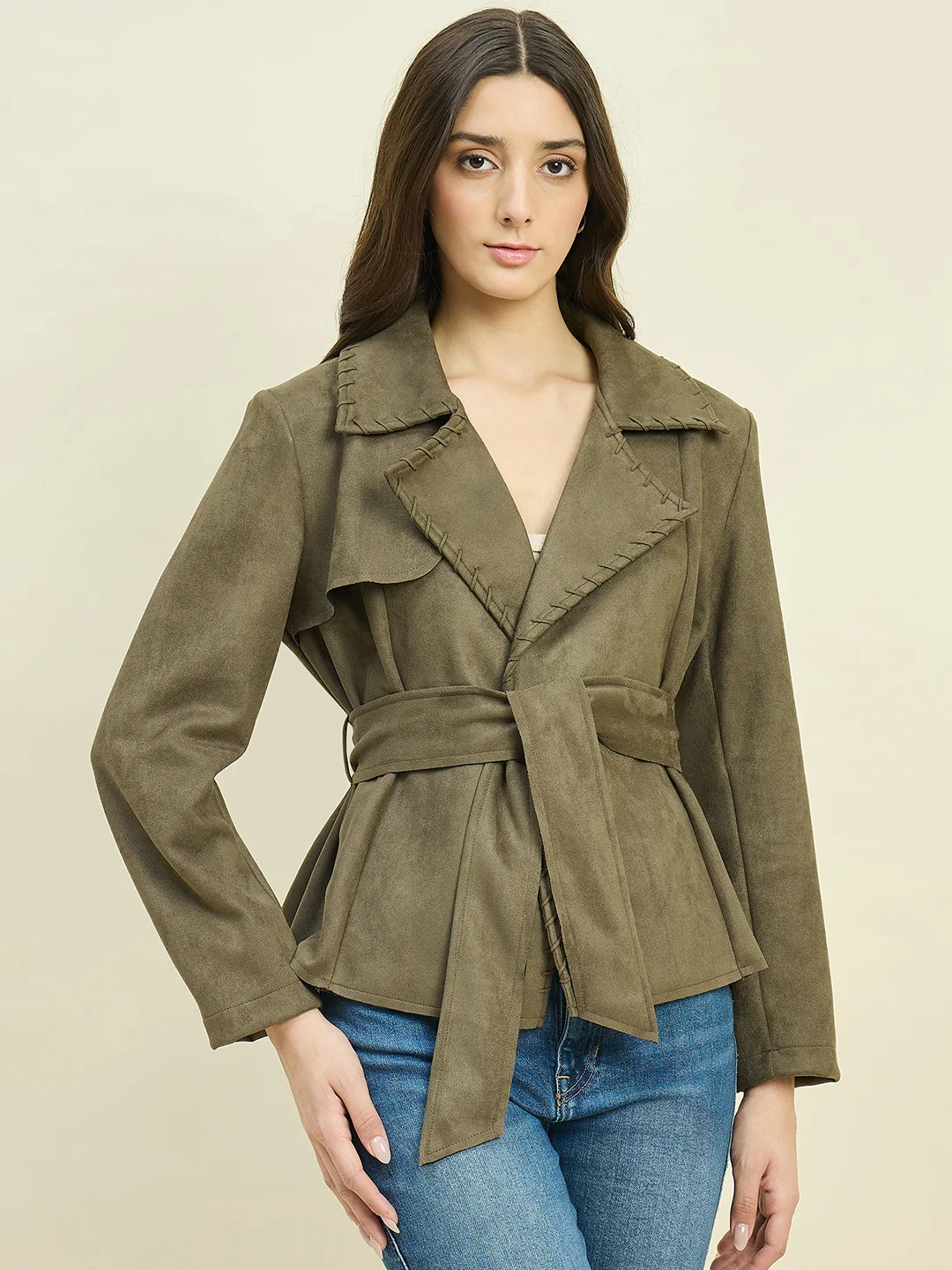 Madame Solid Olive Belted Coat - Image 4