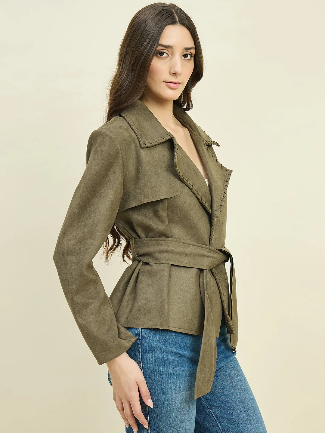 Madame Solid Olive Belted Coat - Image 5
