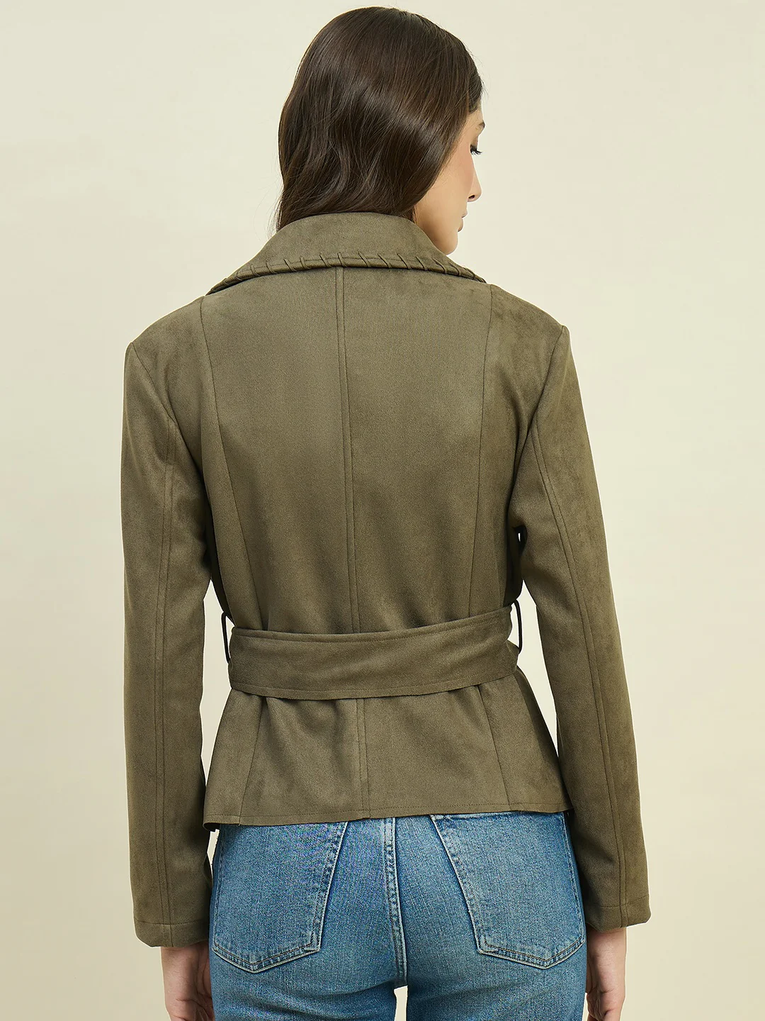 Madame Solid Olive Belted Coat - Image 7