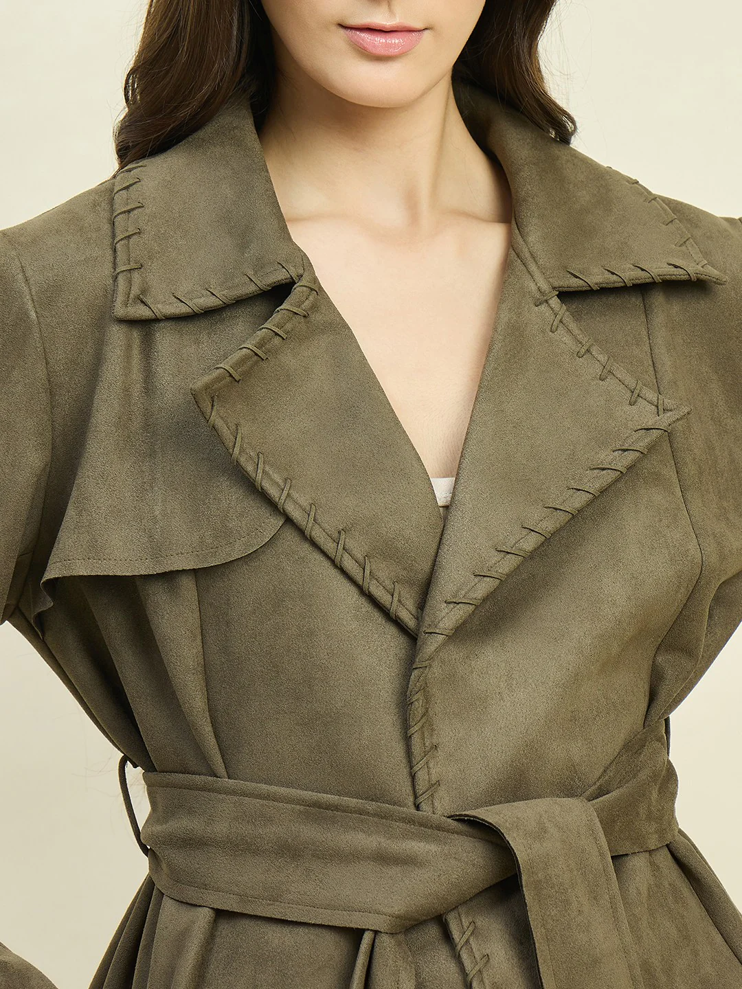 Madame Solid Olive Belted Coat - Image 8