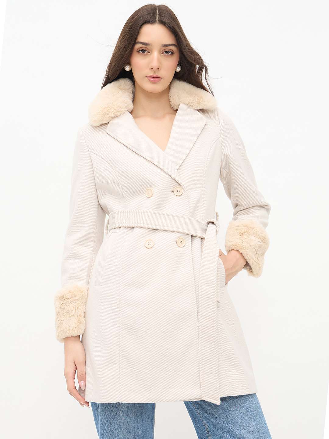 Madame Notch Lapel Neckline Belted Beige Long Coat - Image 3