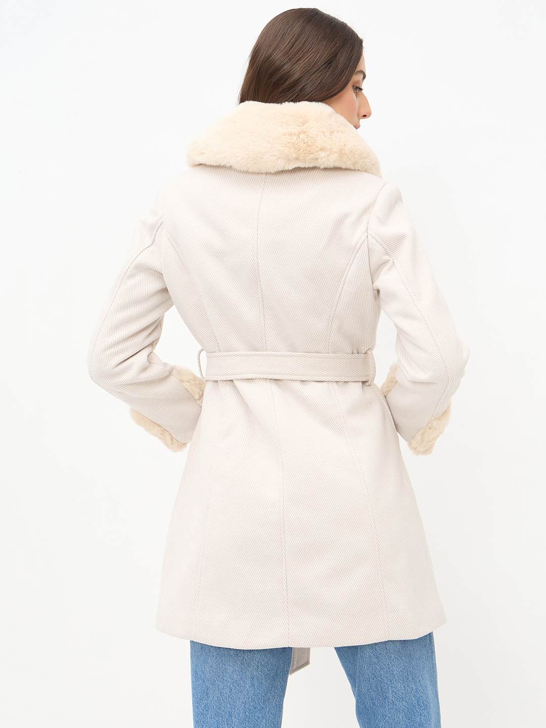 Madame Notch Lapel Neckline Belted Beige Long Coat - Image 6