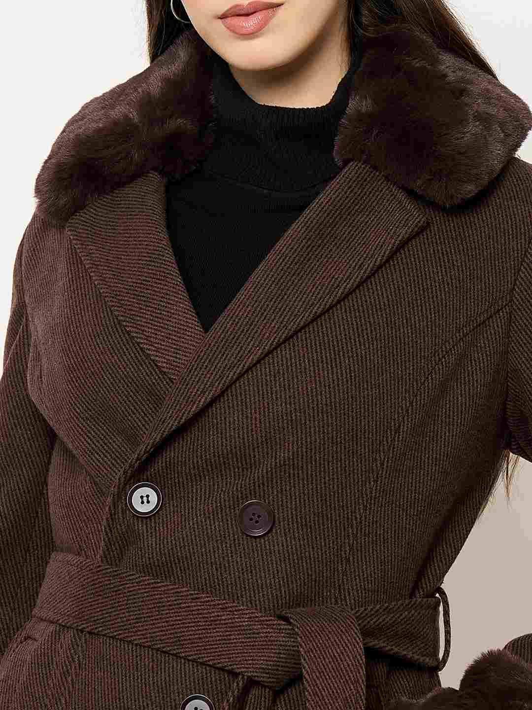 Madame Notch Lapel Neckline Brown Belted Long Coat - Image 7