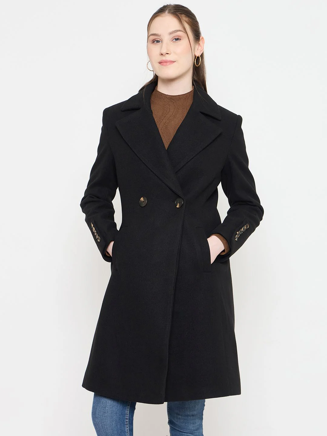 Madame Notch Lapel Neckline Long Coat with Buttons - Image 2