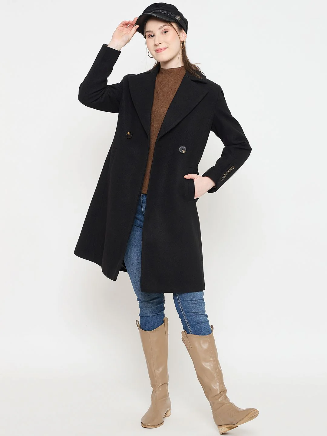 Madame Notch Lapel Neckline Long Coat with Buttons - Image 3