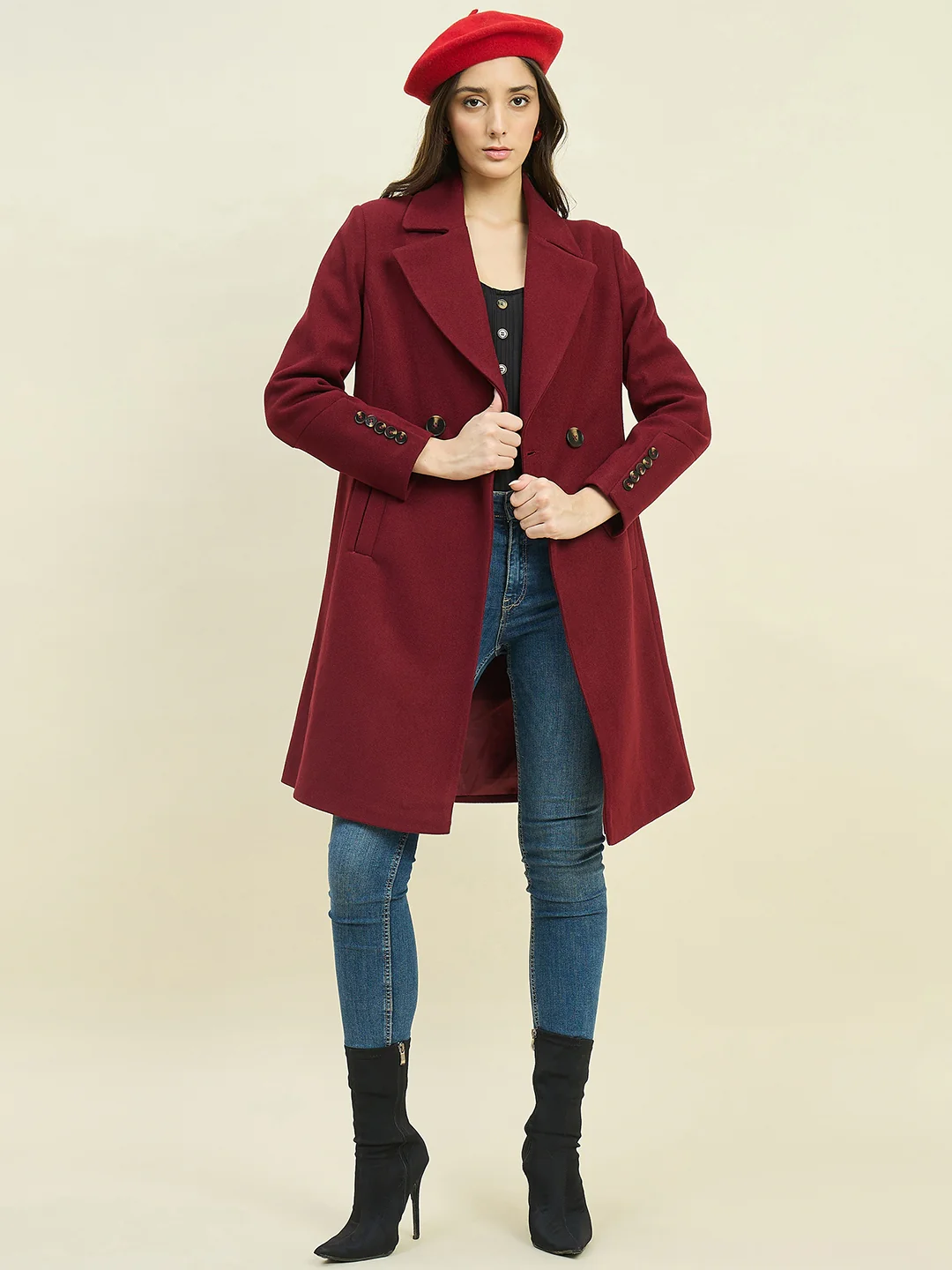 Madame Maroon Double Breasted Long Coat - Image 2