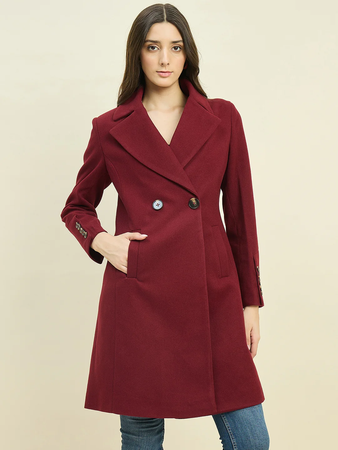 Madame Maroon Double Breasted Long Coat - Image 3