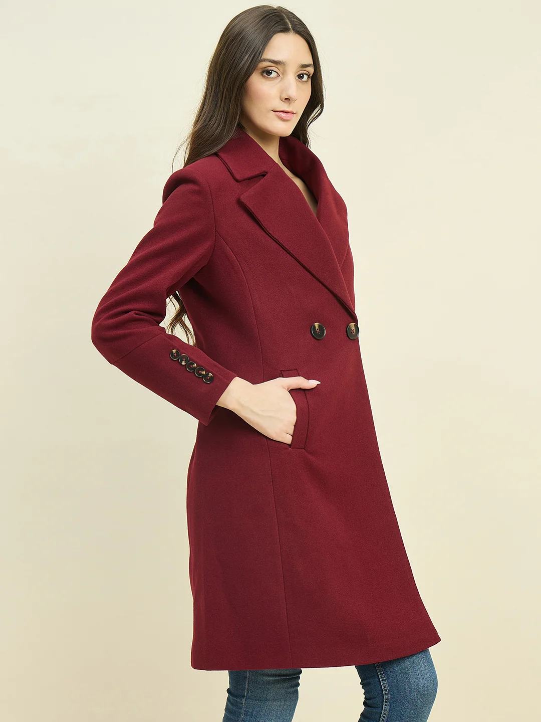 Madame Maroon Double Breasted Long Coat - Image 4