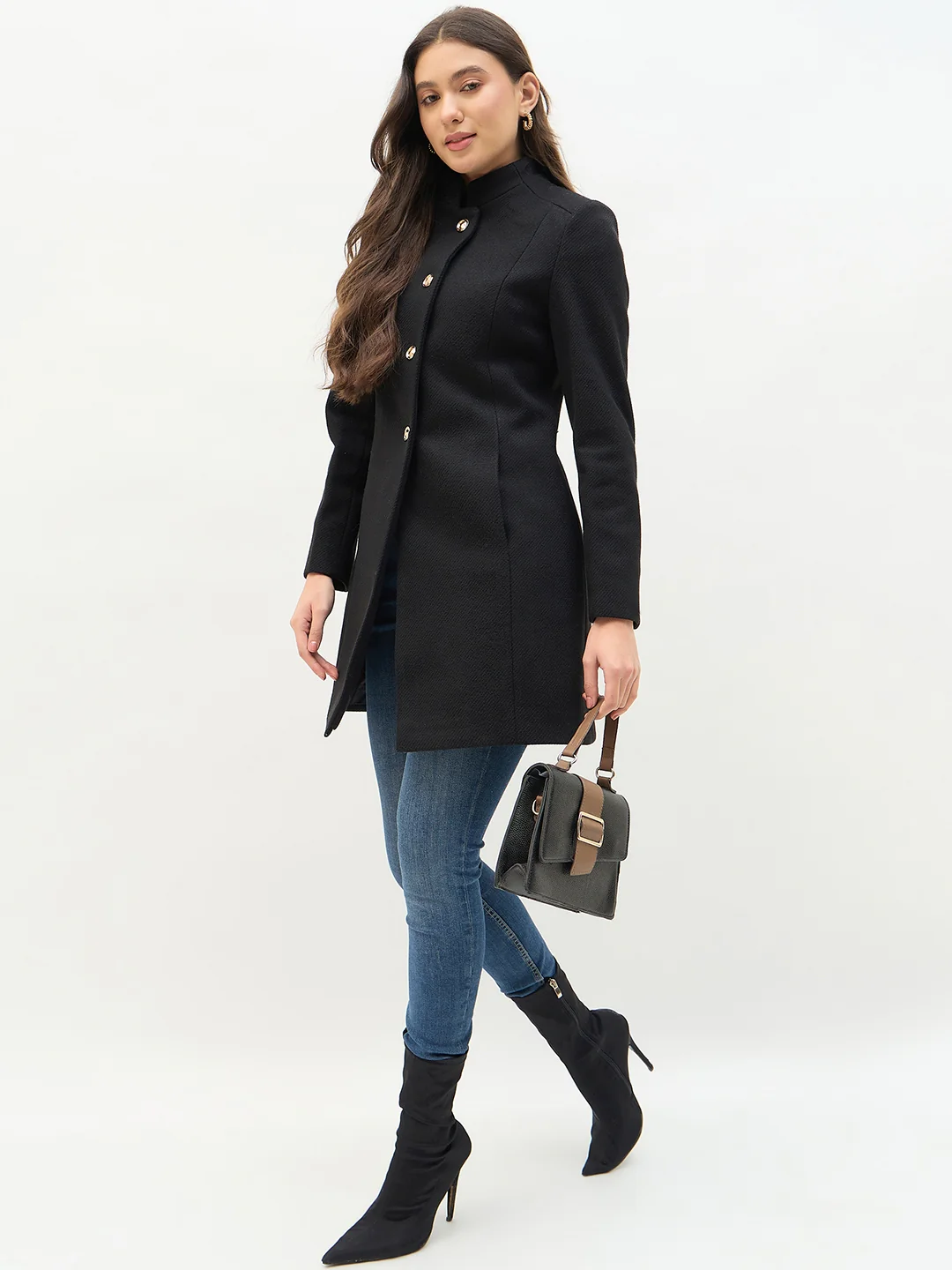 Madame Round Neck Embellished Black Long Coat - Image 3