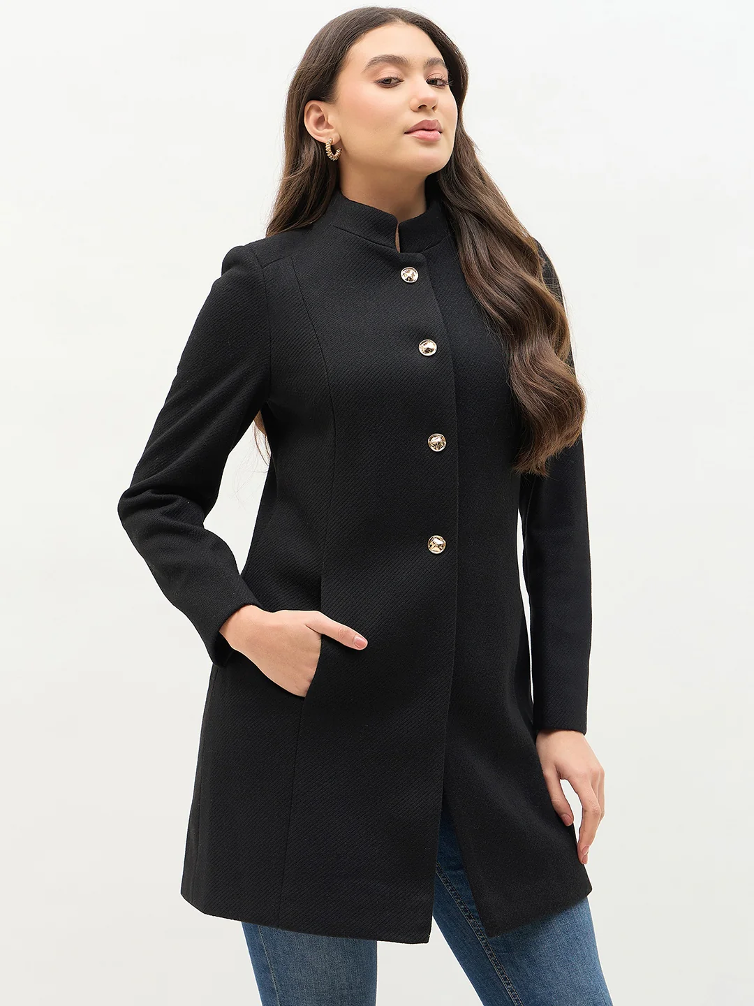 Madame Round Neck Embellished Black Long Coat - Image 4