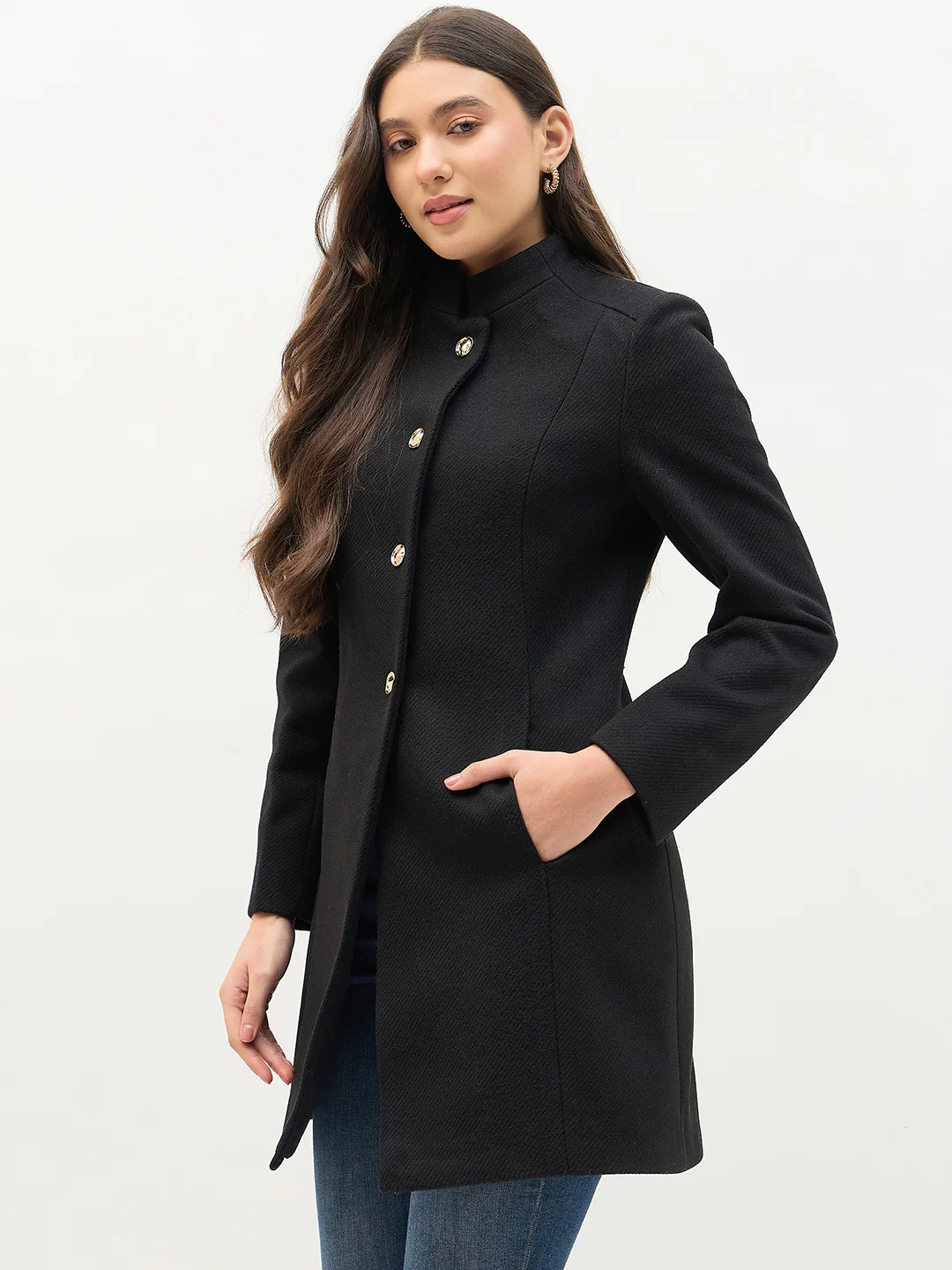 Madame Round Neck Embellished Black Long Coat - Image 5