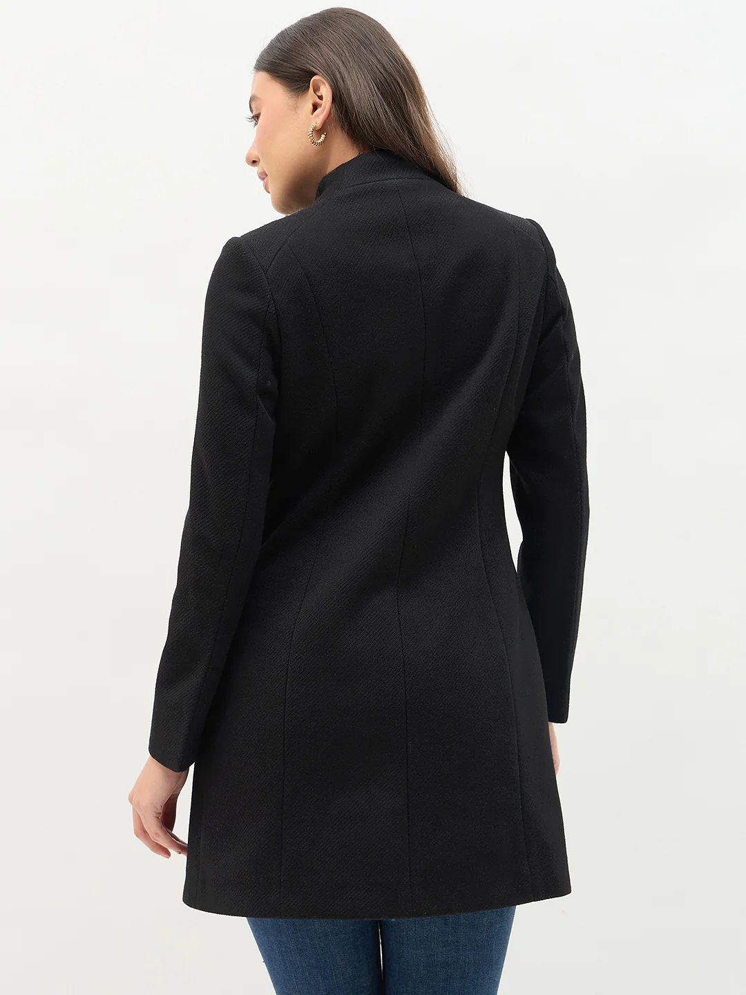 Madame Round Neck Embellished Black Long Coat - Image 6