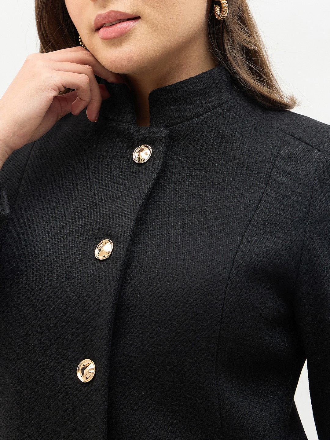 Madame Round Neck Embellished Black Long Coat - Image 7