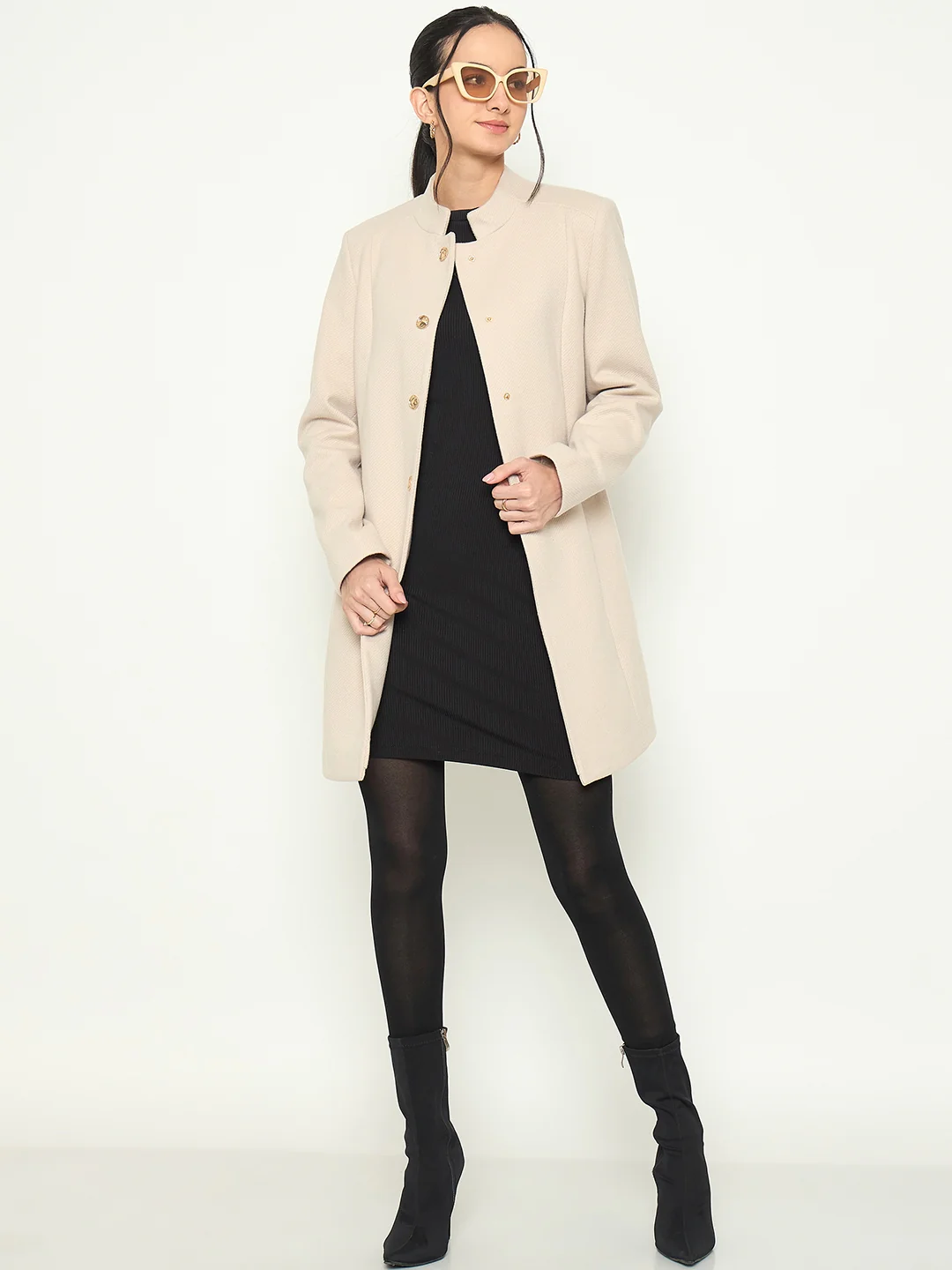Madame stand Collar Off White Long Coat - Image 3