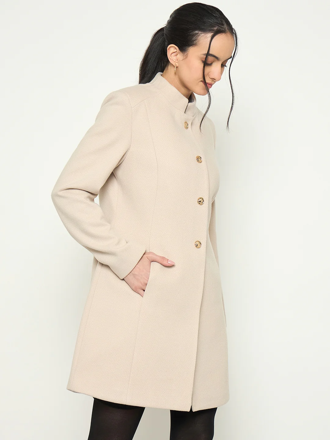 Madame stand Collar Off White Long Coat - Image 4